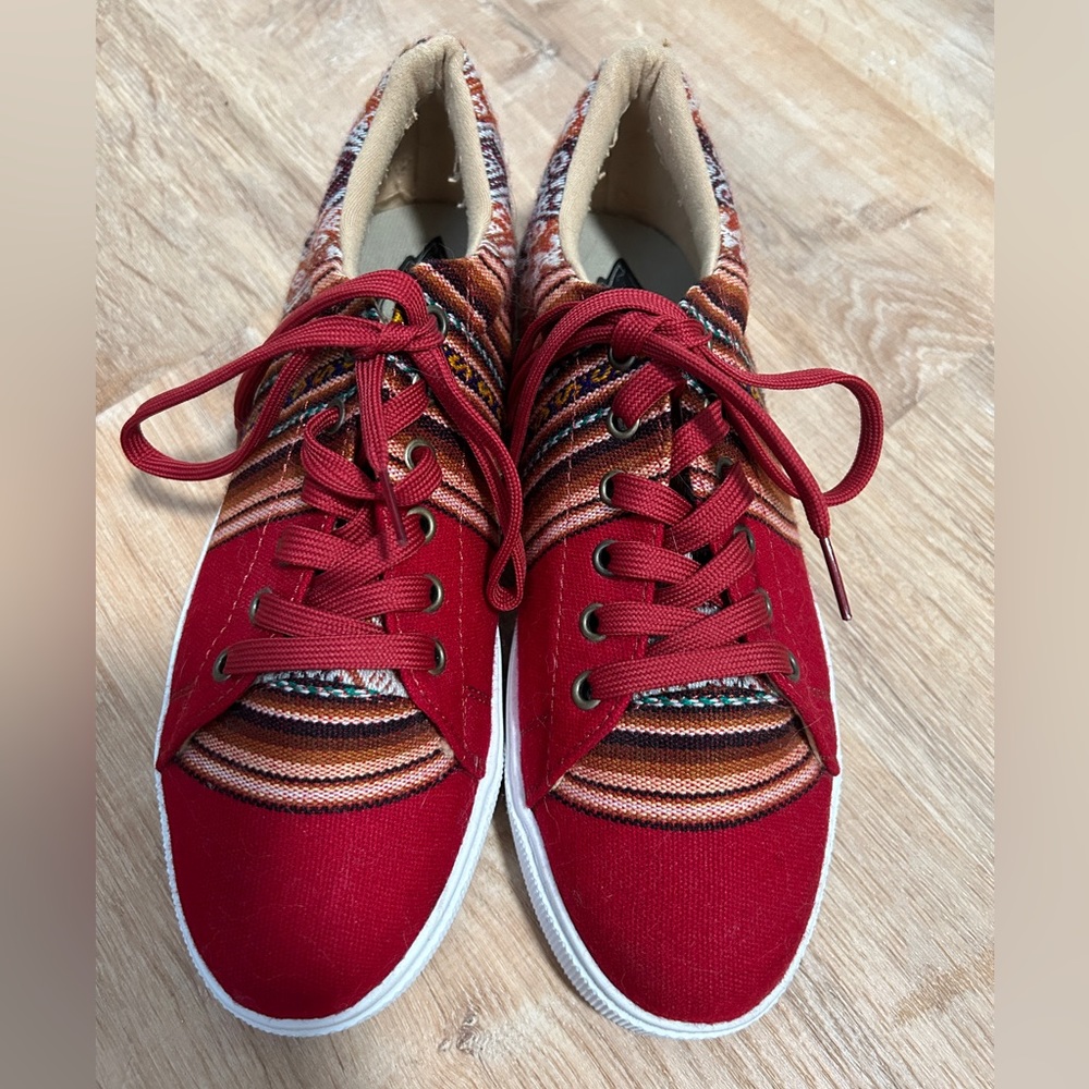 PAXX handmade low top lace up red sneakers & multi color aztec size 8